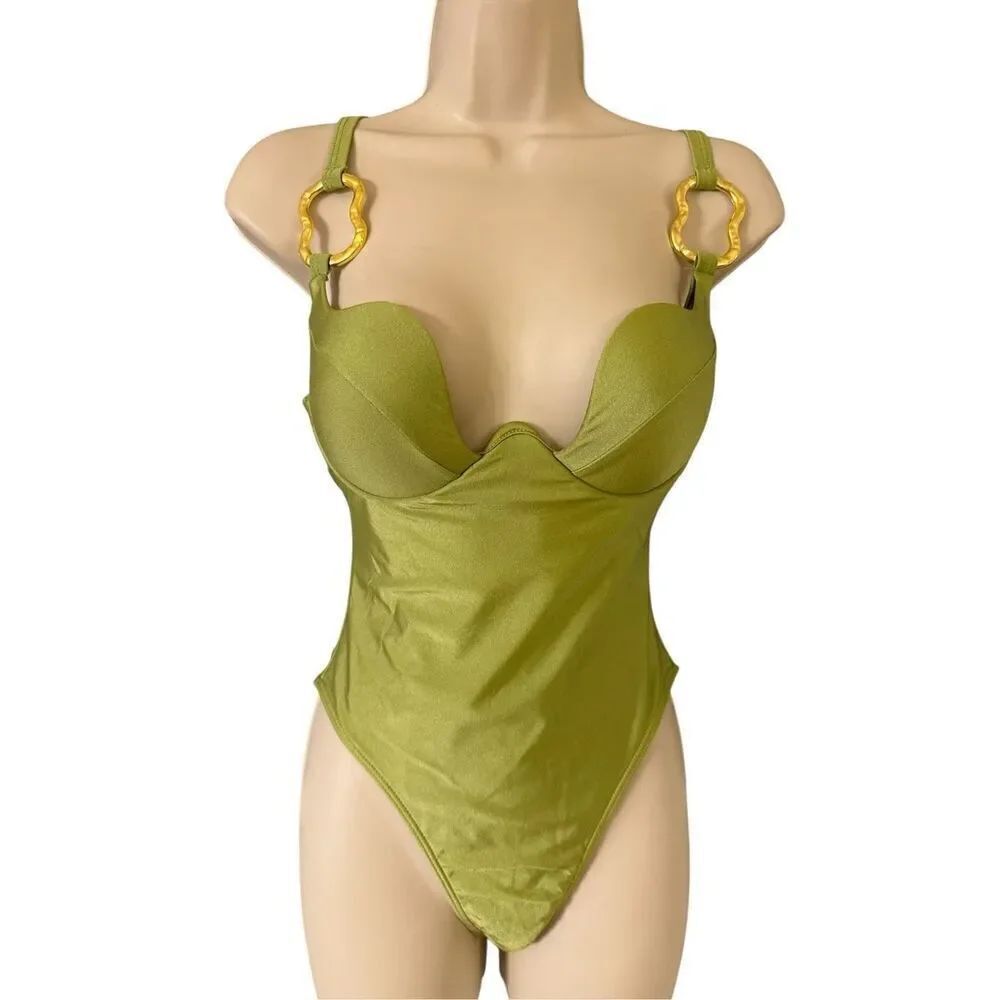 Olive green one piece swimsuit gold tone metal accents size small
